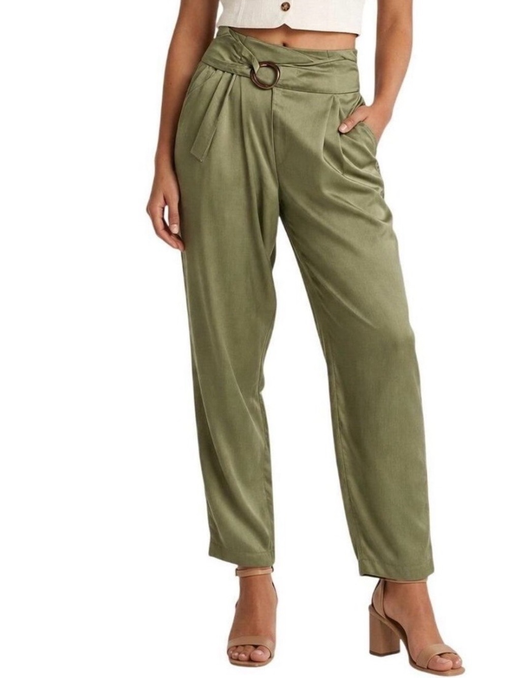Anthropologie bayse colbie crossover belt relaxed flowy olive pants sz s
